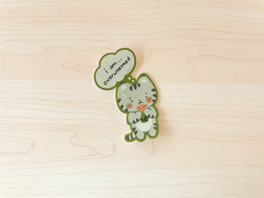 Overwhelmed Boba Cat Waterproof Vinyl Sticker