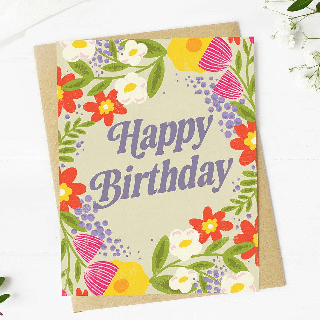 Happy Birthday Flower Wreath Greeting Card