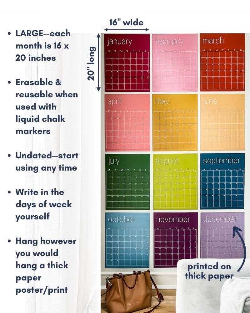 Reusable Large Wall Calendar in Rainbow | 16 x 20 inches