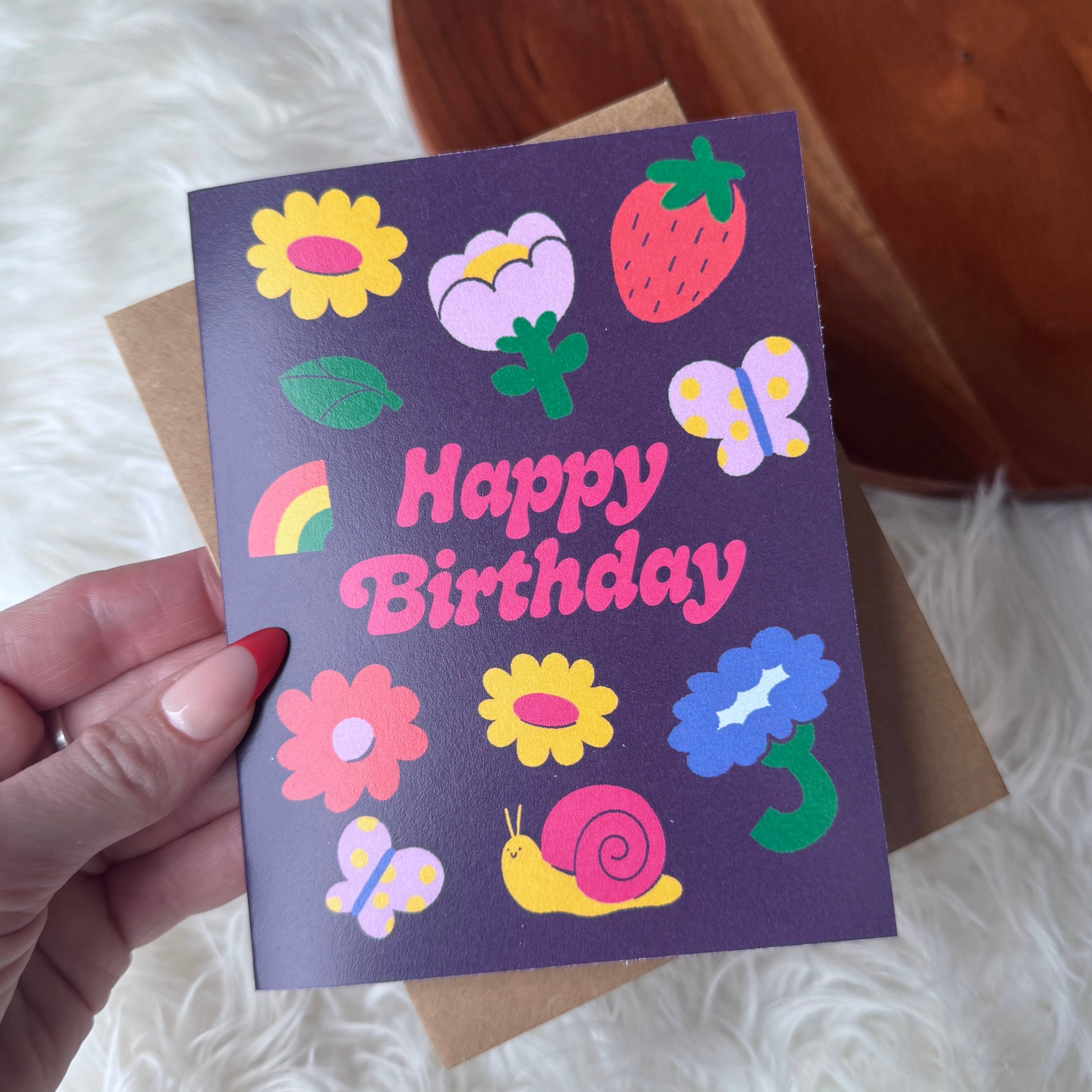 Happy Birthday Flowers & Cute Icons Spring Dark Card