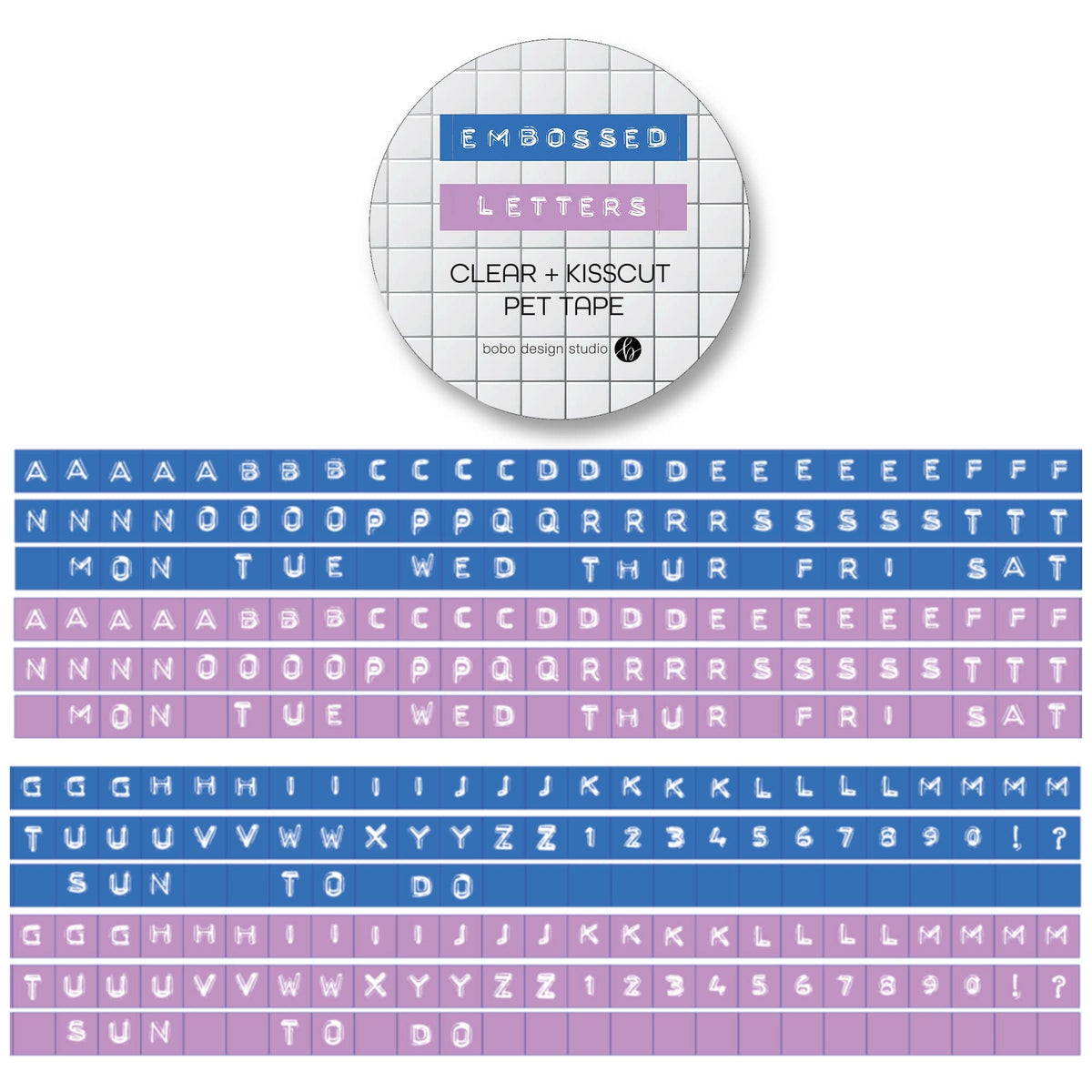 Embossed Letters Kiss Cut PET Tape - Blue and Lavender
