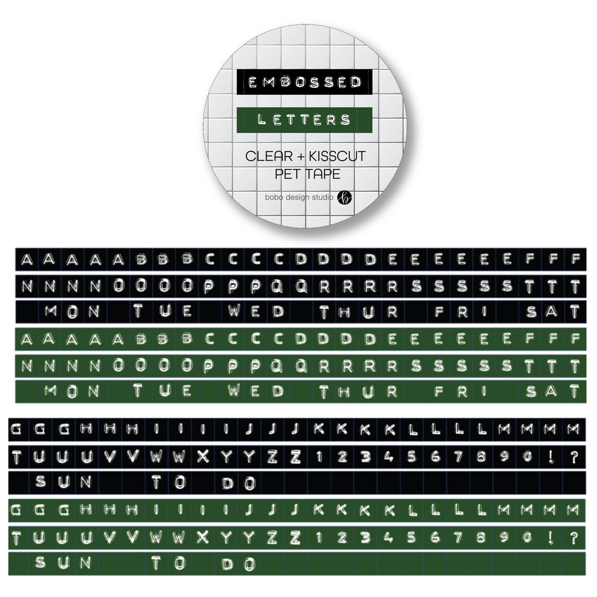 Embossed Letters Kiss Cut PET Tape - Black and Green